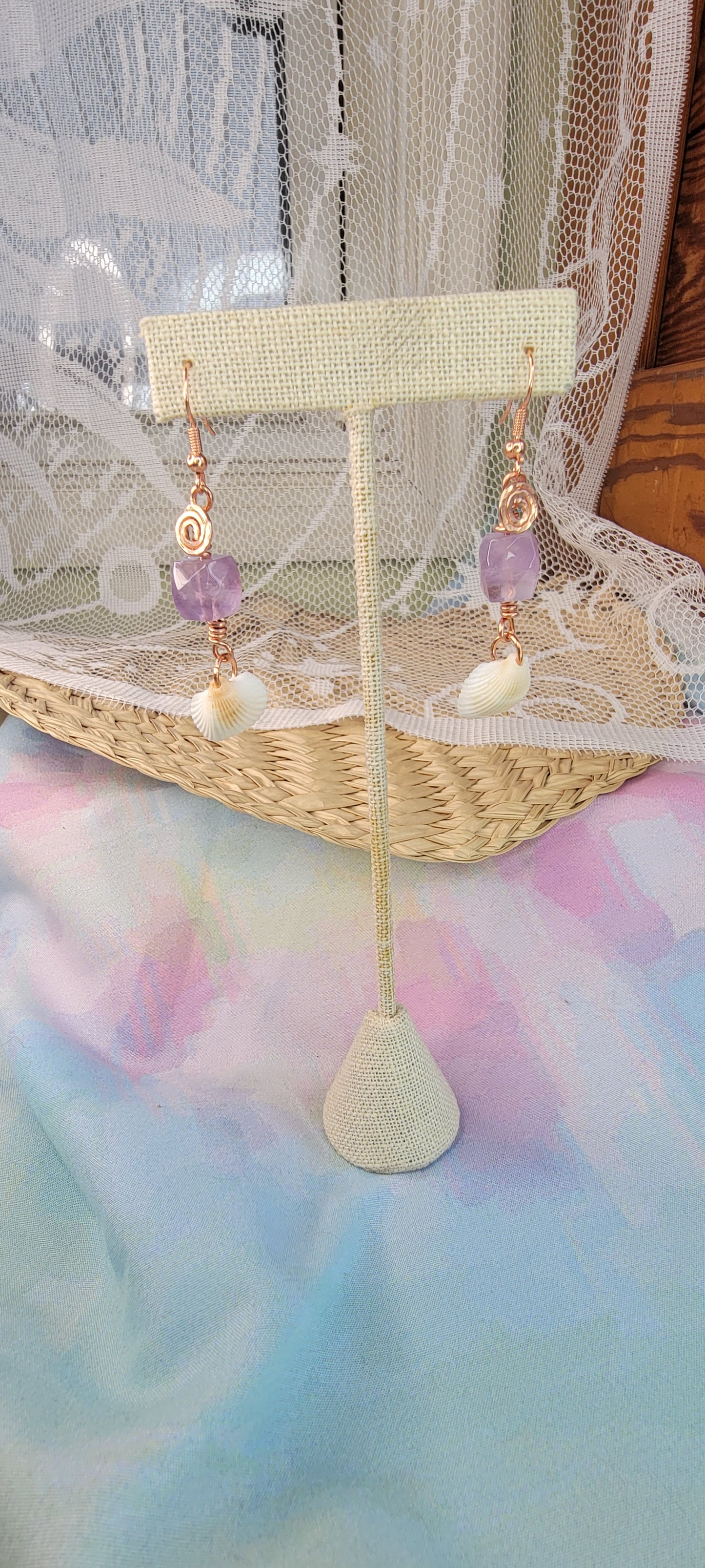 Wire wrapped Amethyst & Seashell Earrings