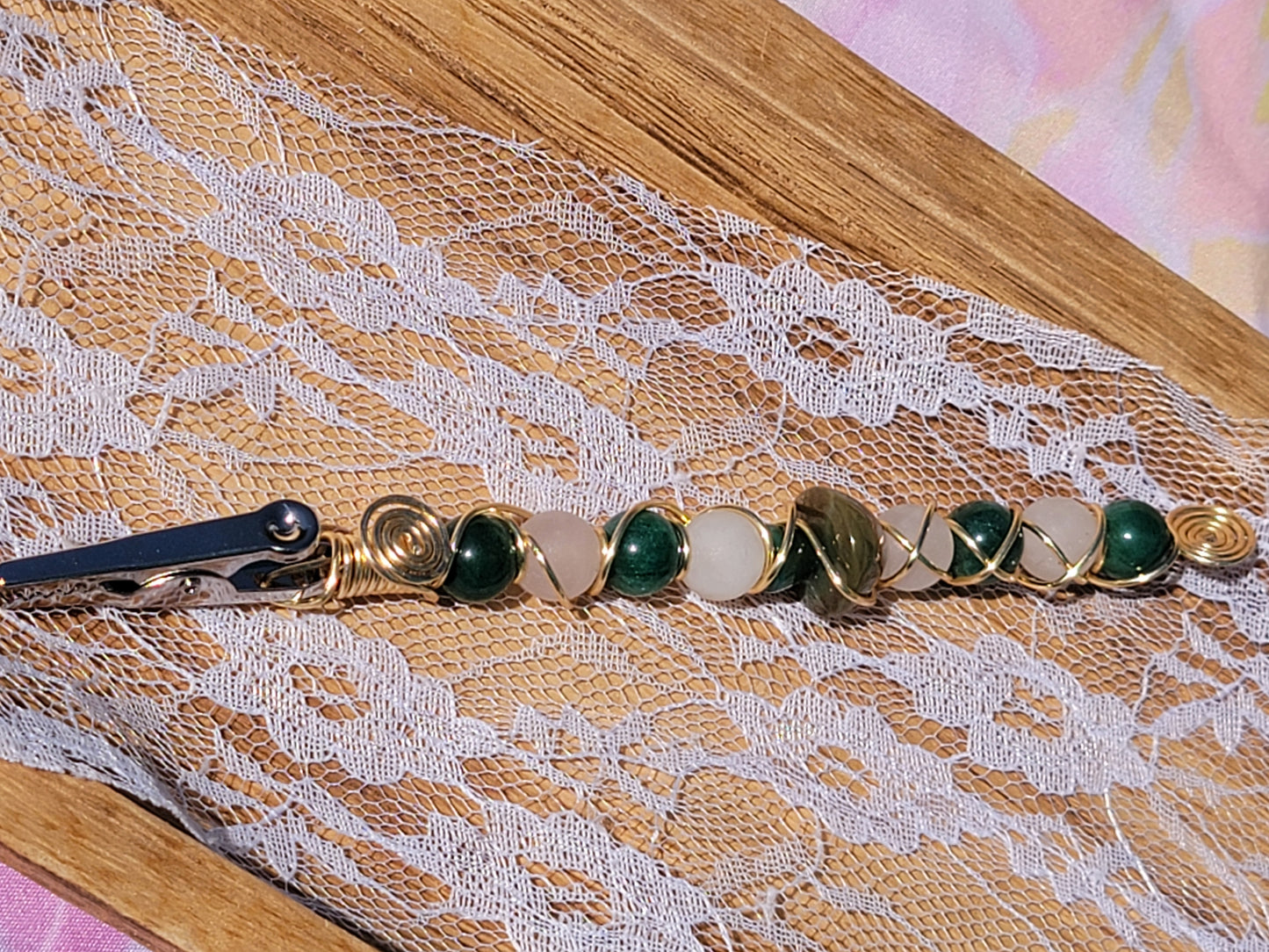 Green Flower Agate & Rose Quartz Roach Clip