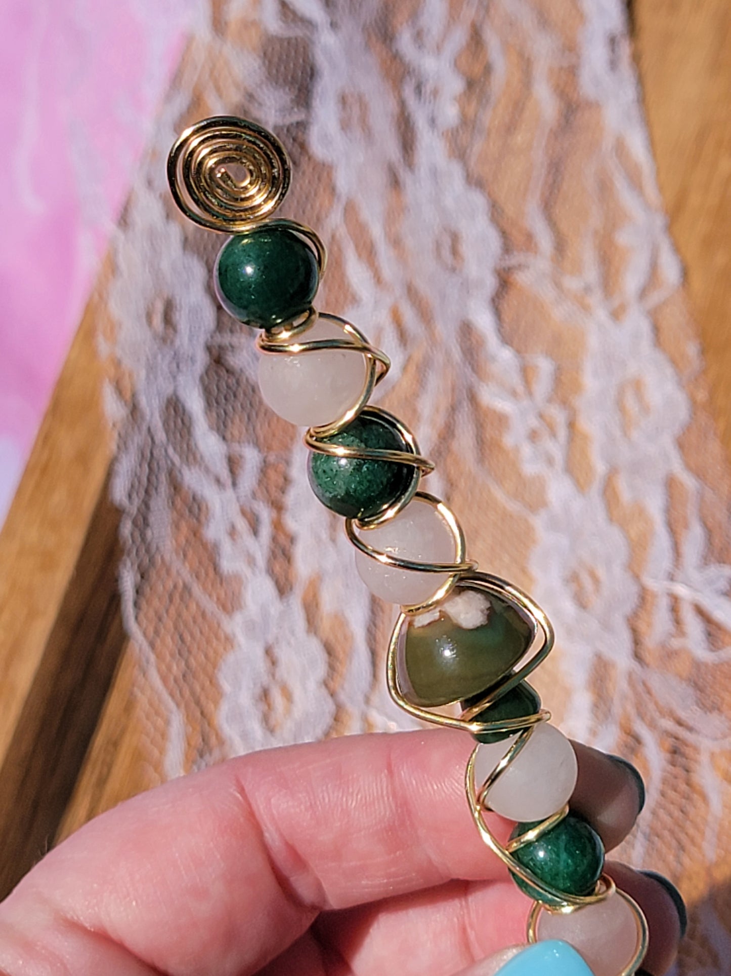 Green Flower Agate & Rose Quartz Roach Clip