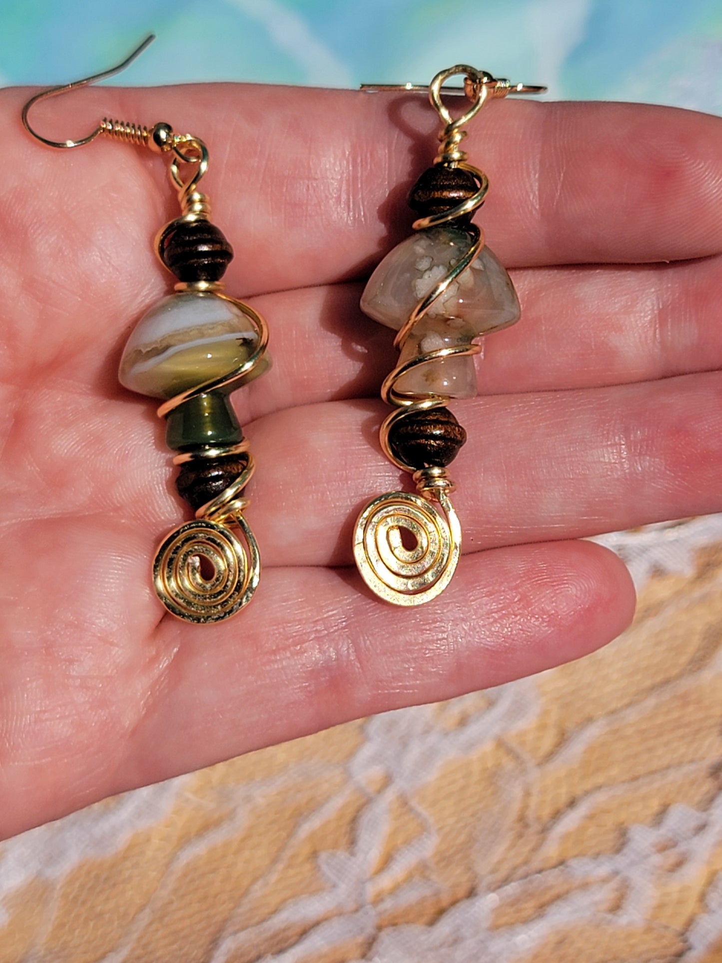 Green Flower Agate Mushie Earrings