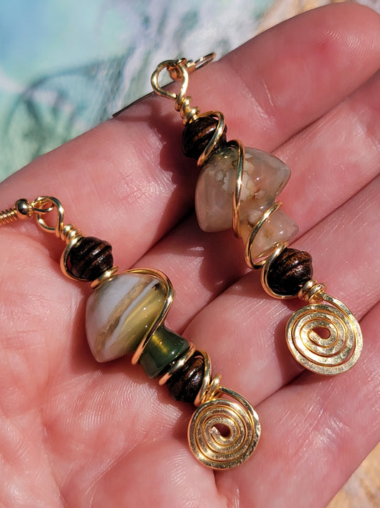 Green Flower Agate Mushie Earrings