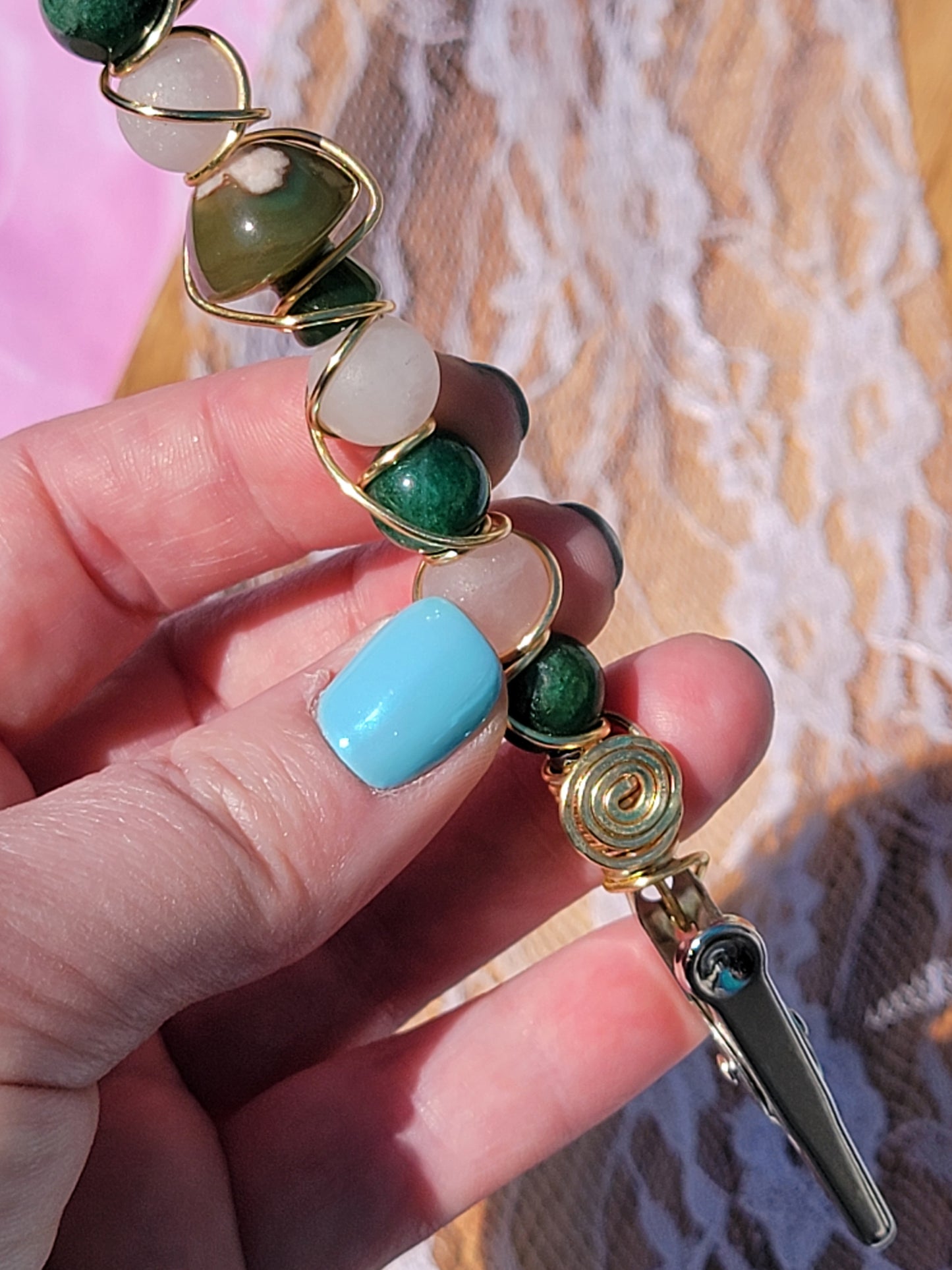 Green Flower Agate & Rose Quartz Roach Clip