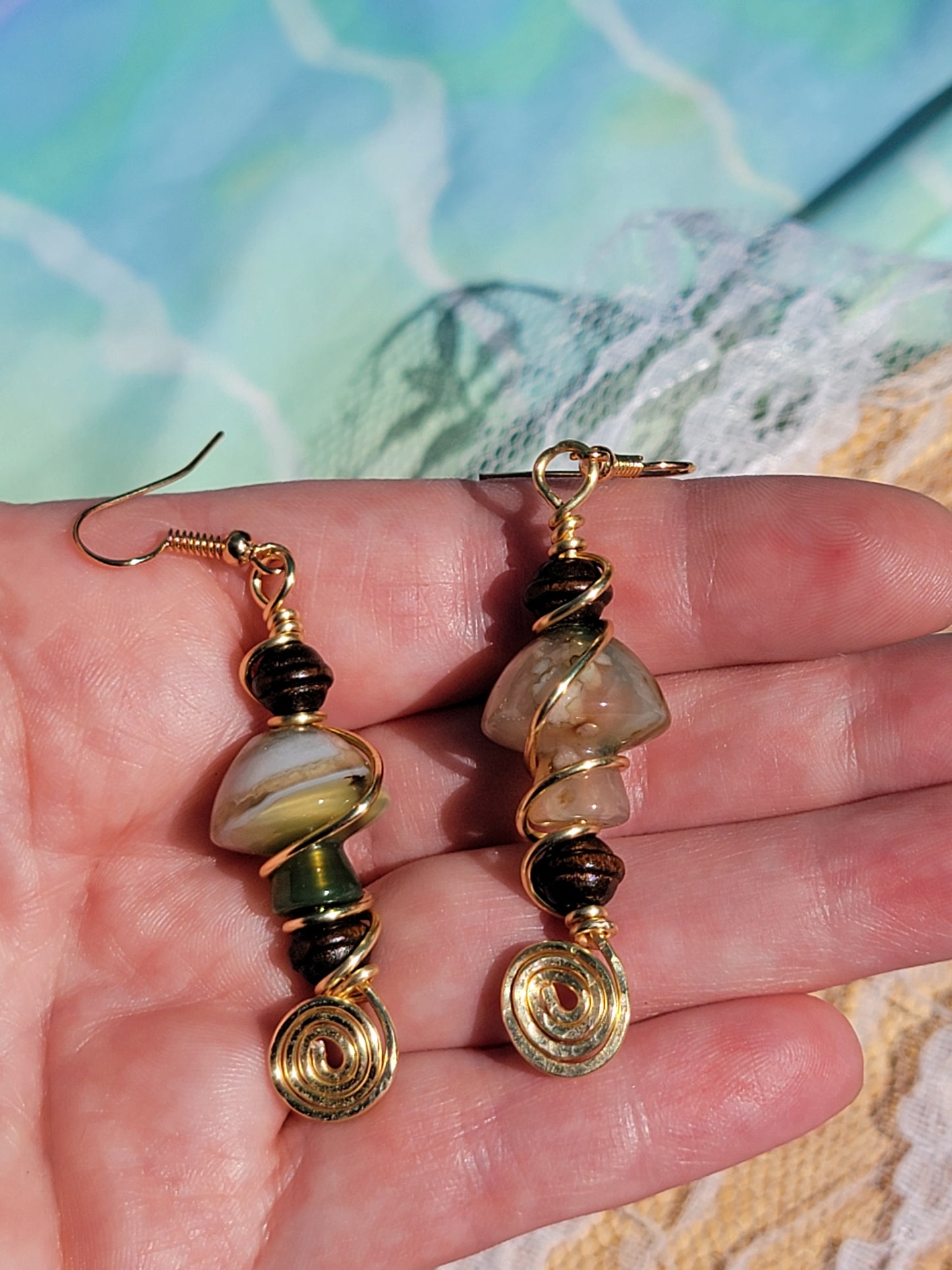 Green Flower Agate Mushie Earrings