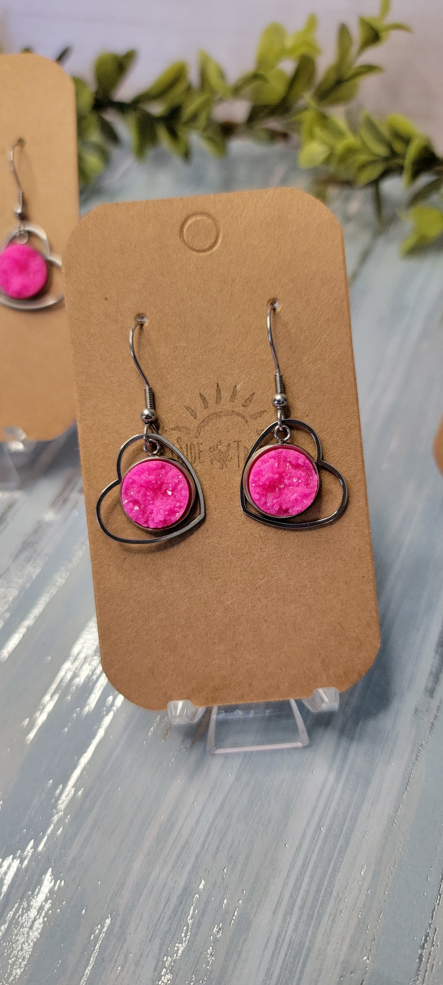 Hot Pink Faux Druzy Heart Dangles Bayside Treasures