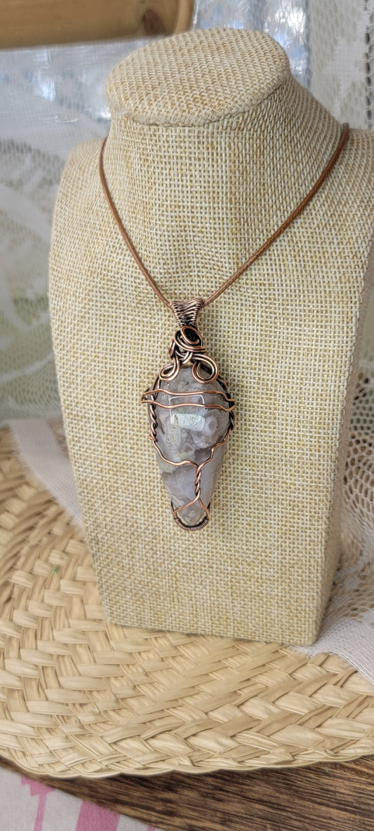 Copper Wrapped Flower Agate Pendant