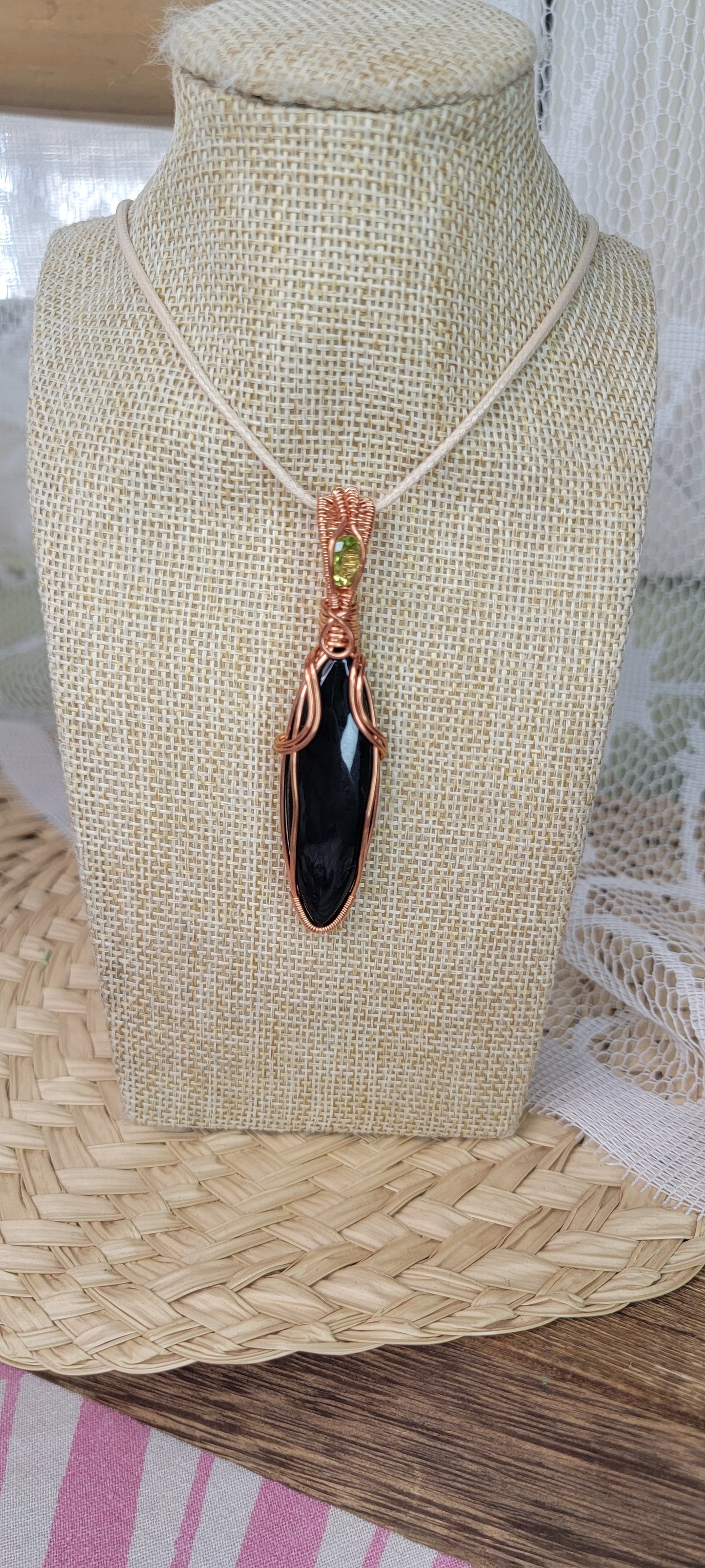 Copper Wrapped Velvet Obsidian & Peridot Pendant