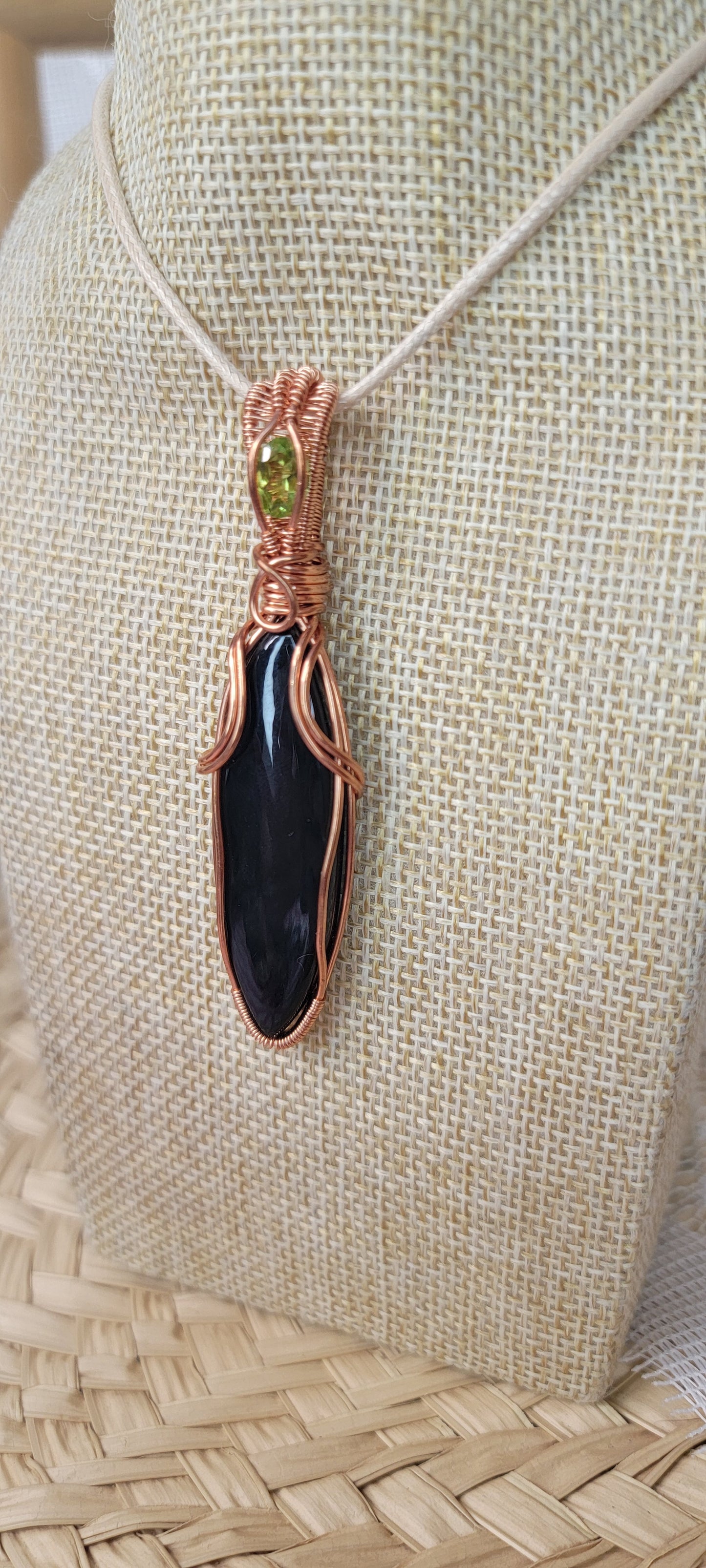 Copper Wrapped Velvet Obsidian & Peridot Pendant