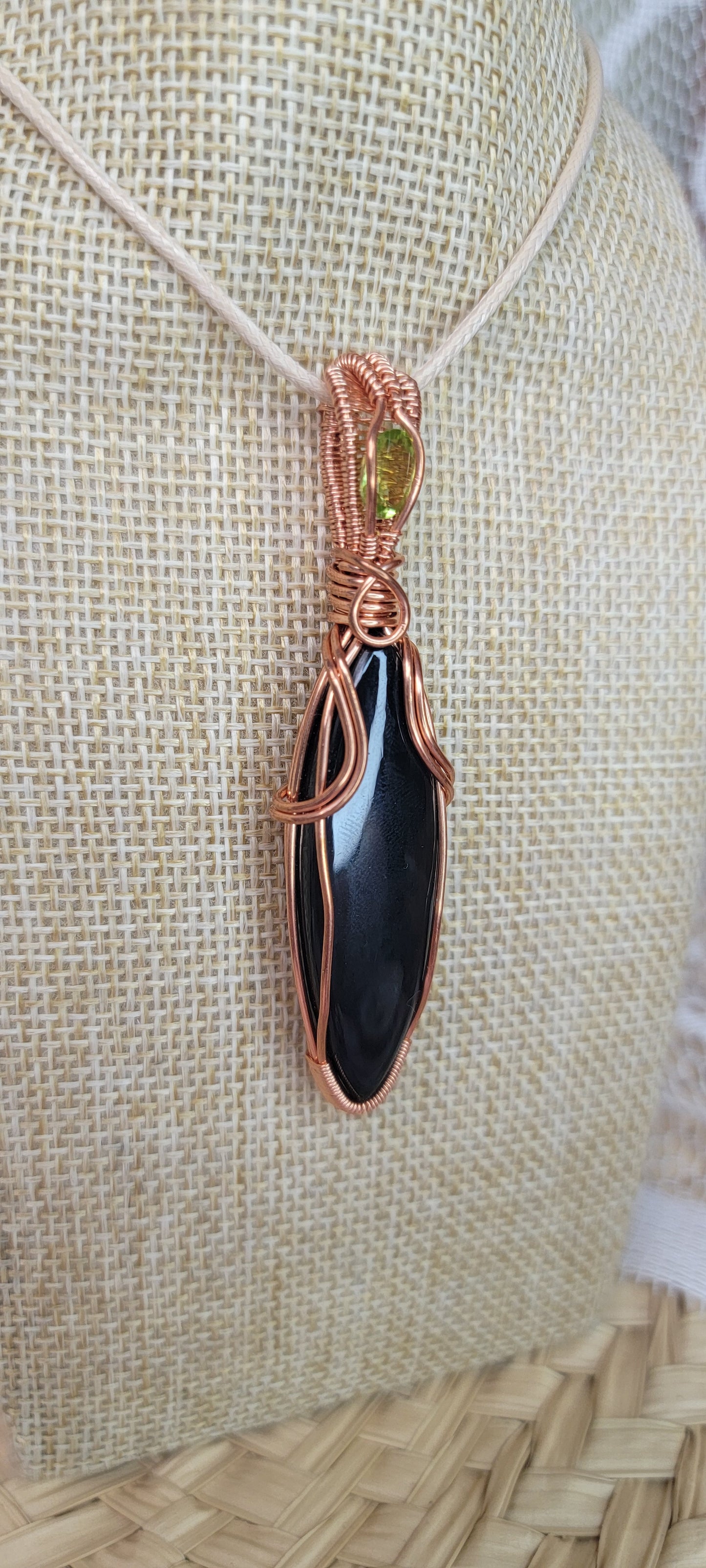 Copper Wrapped Velvet Obsidian & Peridot Pendant