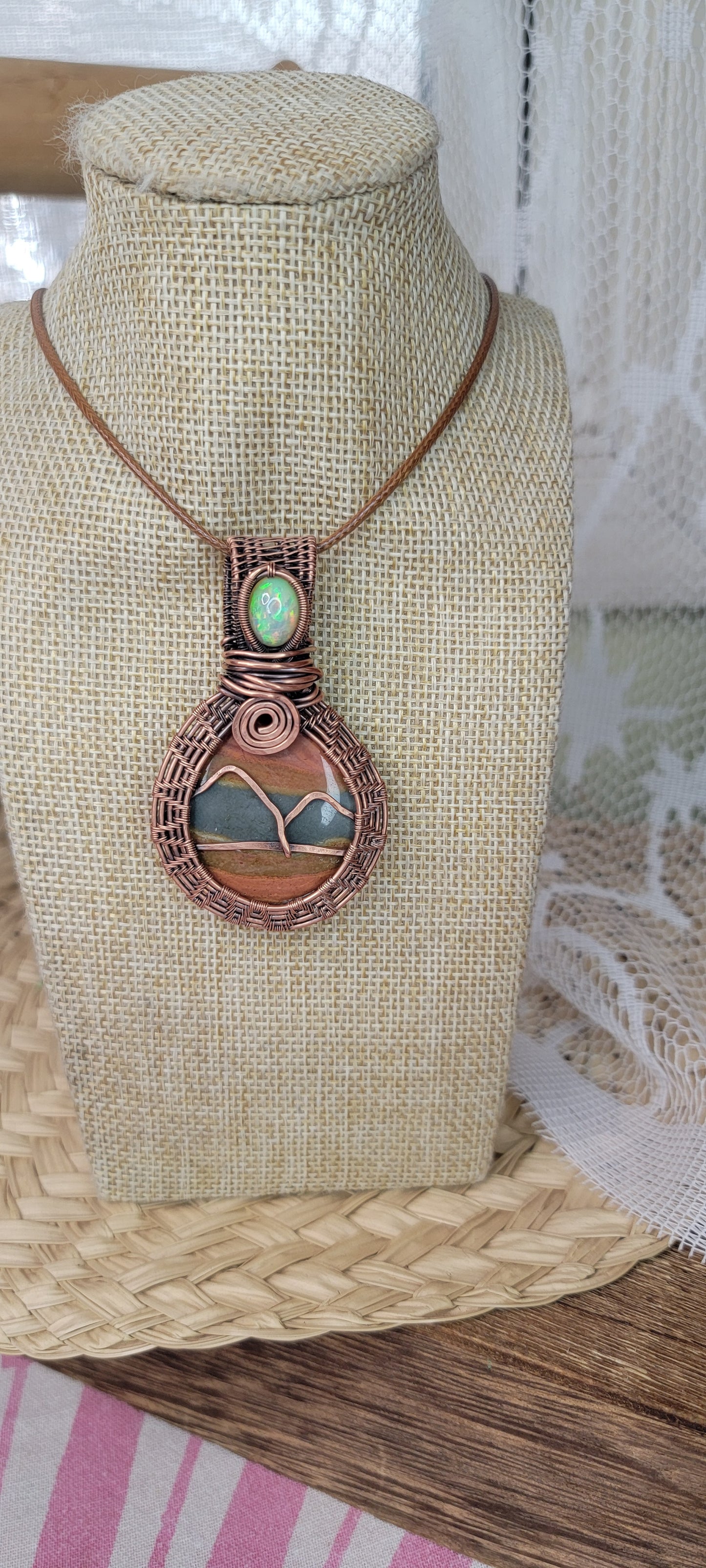 Polychrome Jasper &Opal Copper Wrapped Pendant
