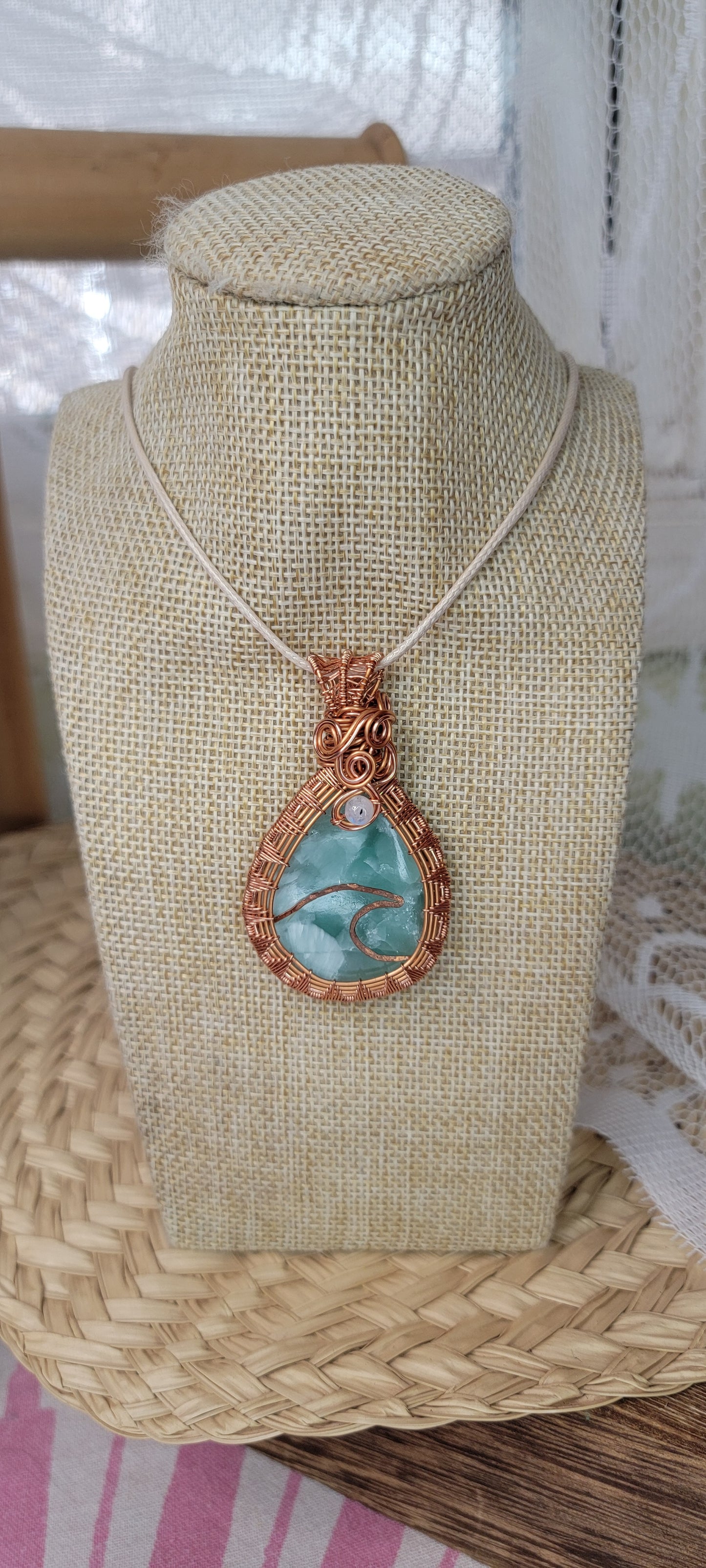 Copper Wrapped Hemimorphite & Moonstone Pendant