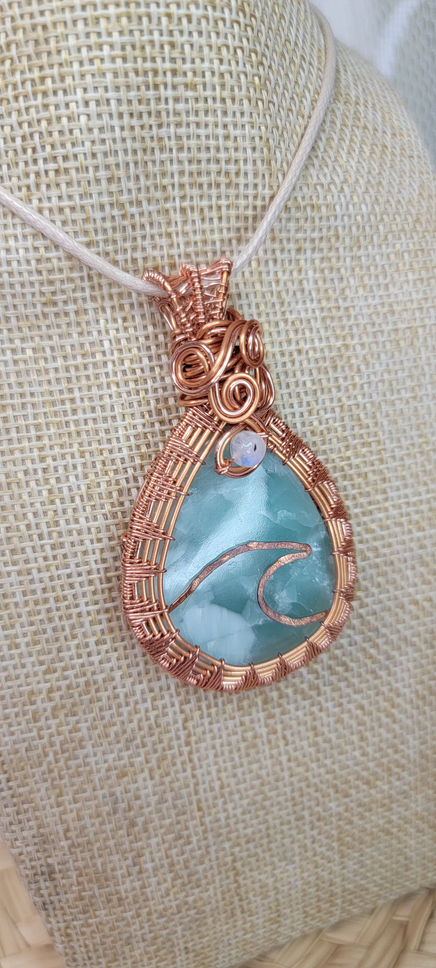Copper Wrapped Hemimorphite & Moonstone Pendant