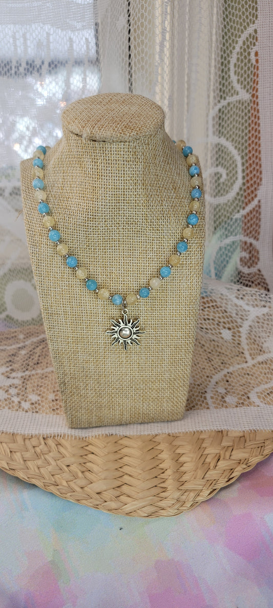 Beaded Blue Chalcedony & Gypsum with Sliver Sun Charm