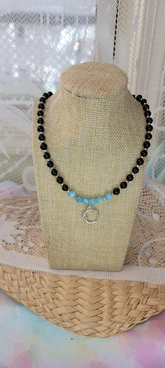 Beaded Green Goldstone & Blue Chalcedony Necklace with Silver Moon Charm