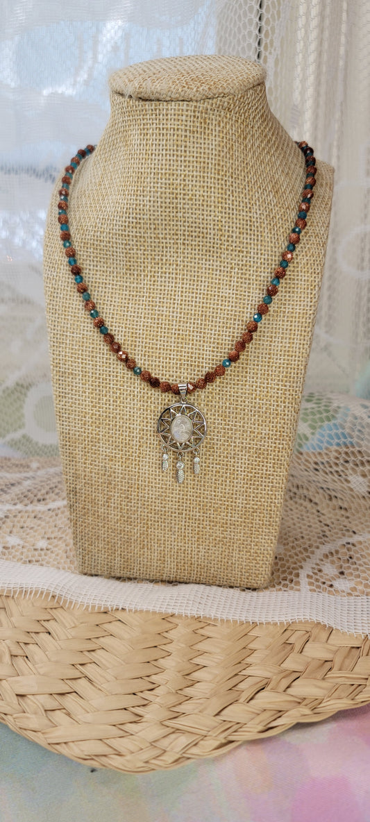 Beaded Goldstone & Blue Apatite Necklace with Moonstone Dreamcatcher Charm
