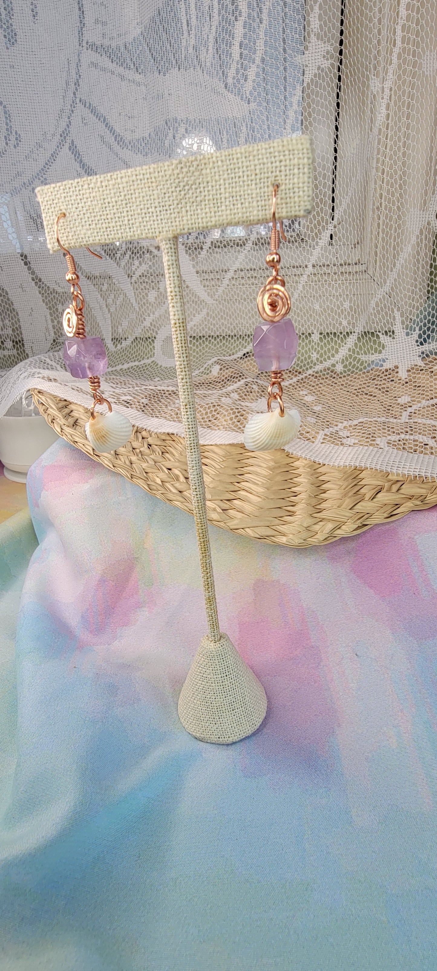 Wire wrapped Amethyst & Seashell Earrings