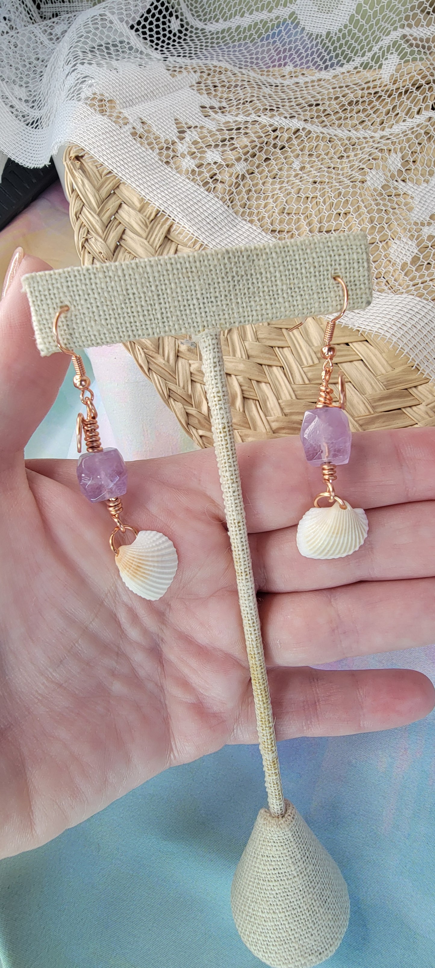 Wire wrapped Amethyst & Seashell Earrings