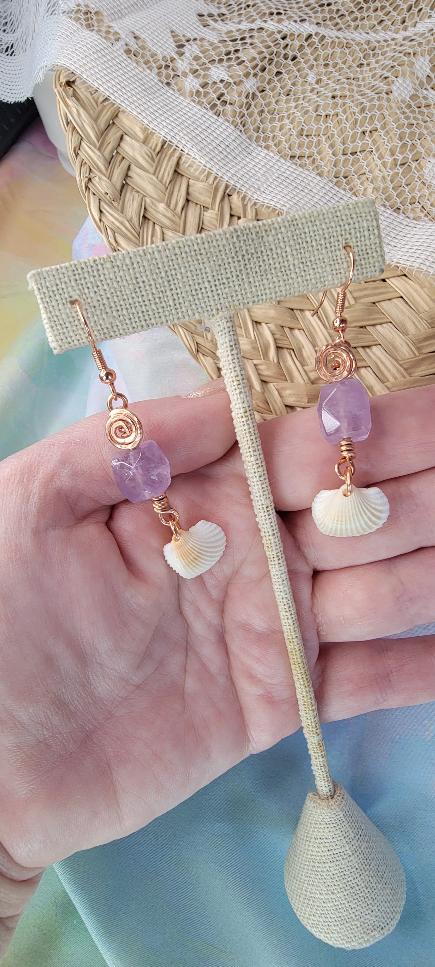 Wire wrapped Amethyst & Seashell Earrings
