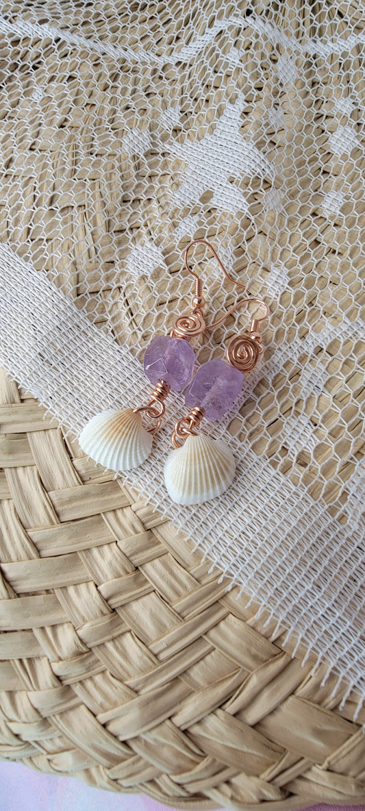 Wire wrapped Amethyst & Seashell Earrings