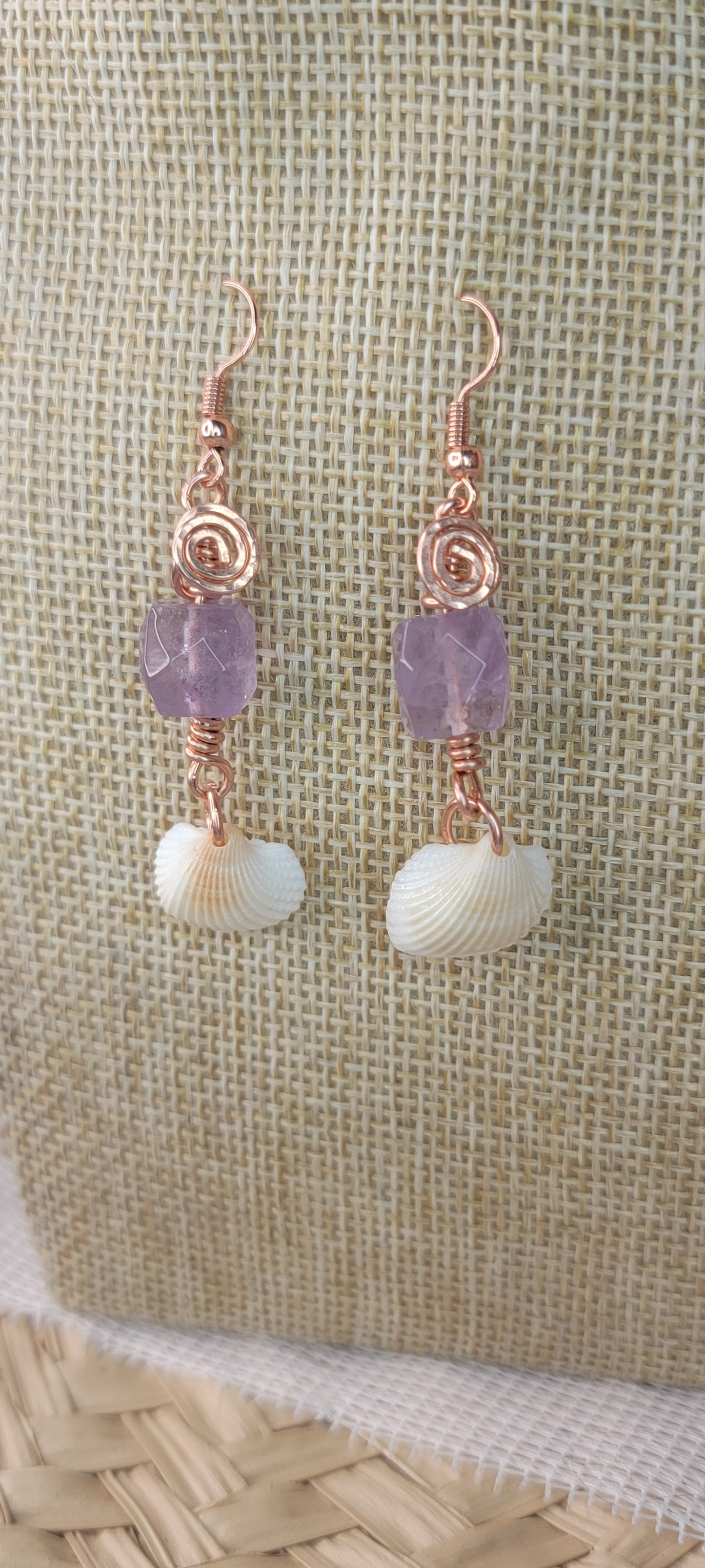 Wire wrapped Amethyst & Seashell Earrings