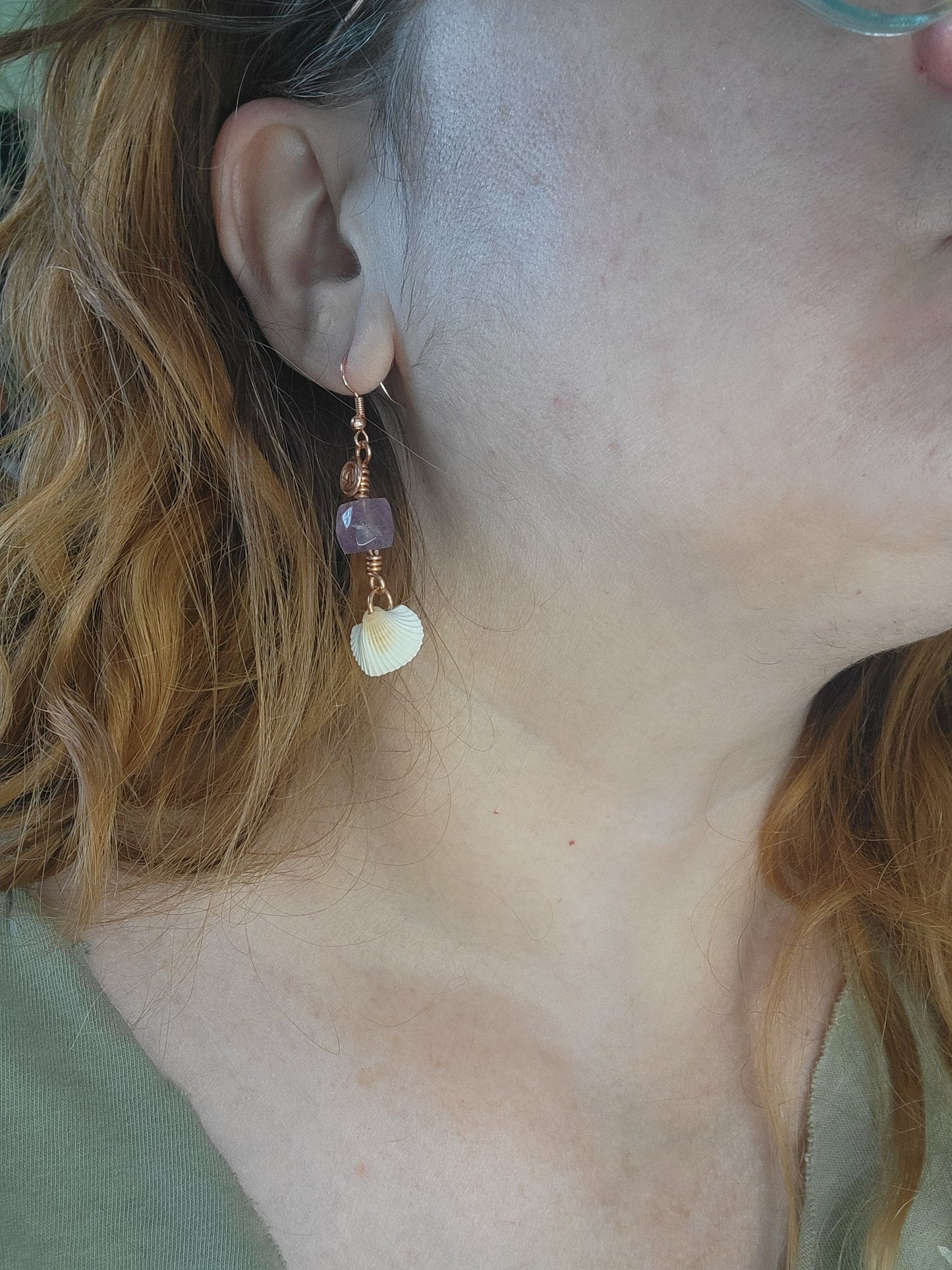 Wire wrapped Amethyst & Seashell Earrings