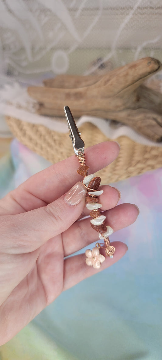 Beaded Shell & Goldstone Flower Clip