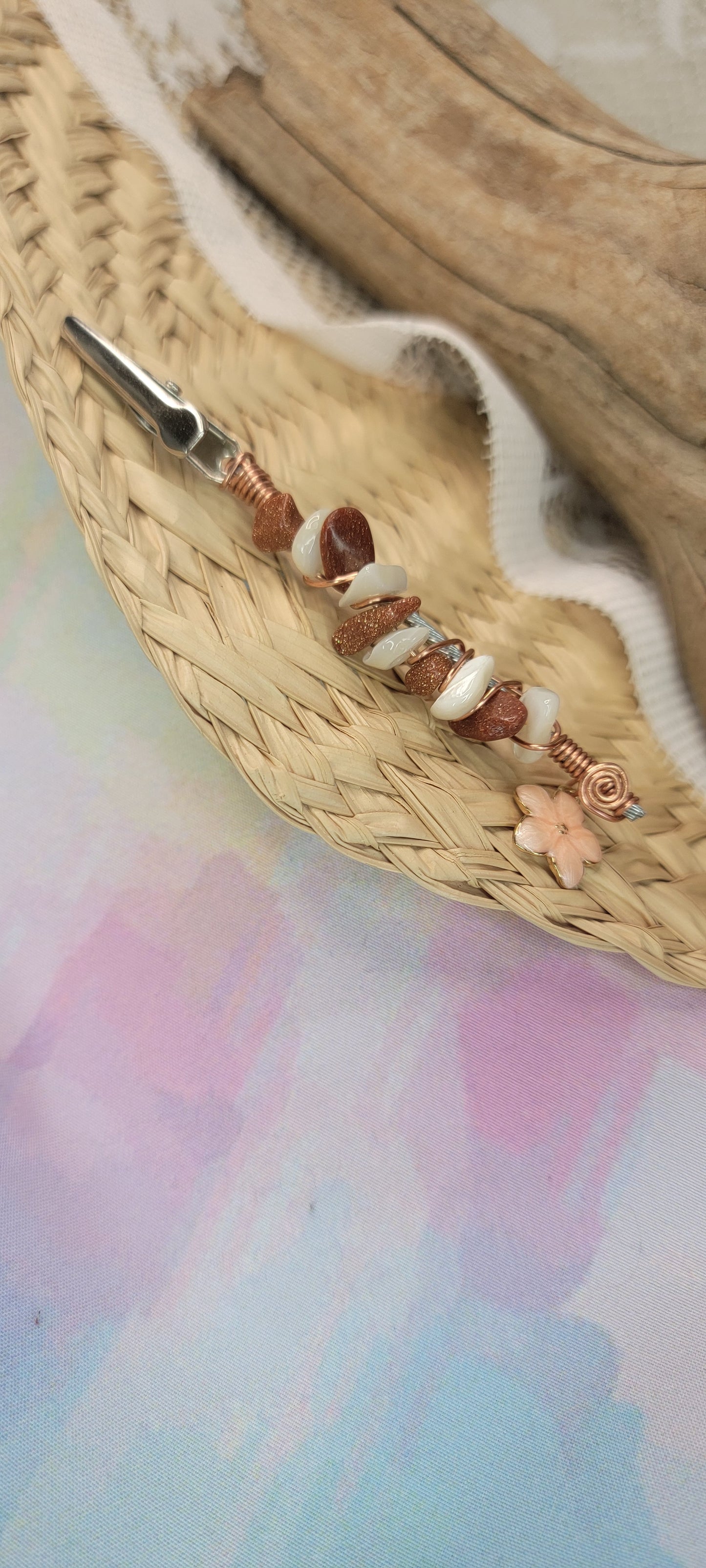 Beaded Shell & Goldstone Flower Clip