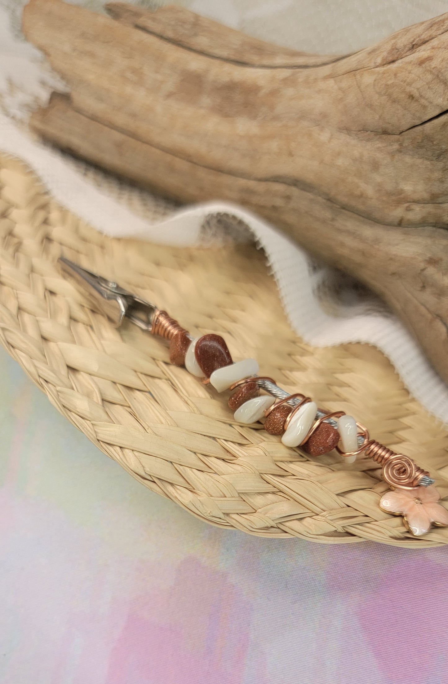 Beaded Shell & Goldstone Flower Clip