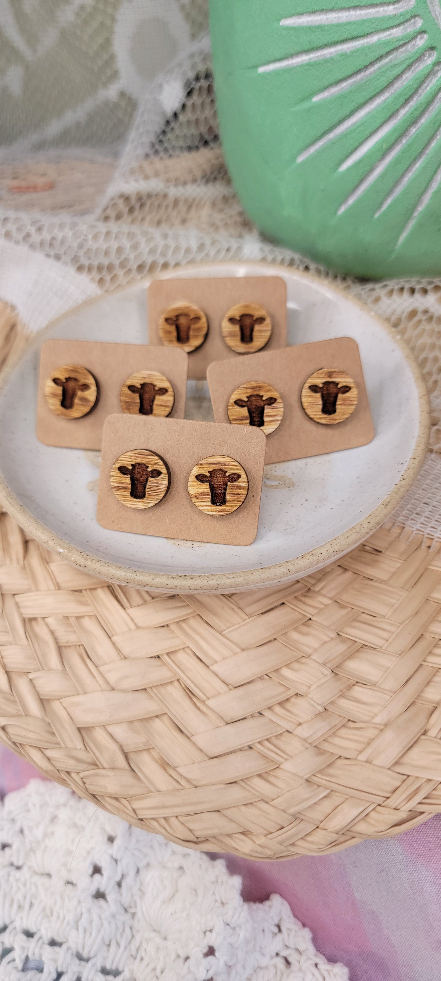 Hand Painted Highland Cow Wood Studs
