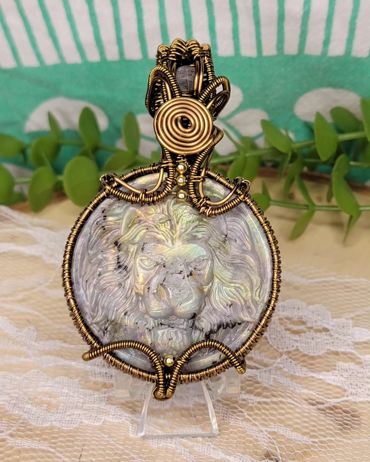 Rainbow Moonstone Lion Medallion pendant!